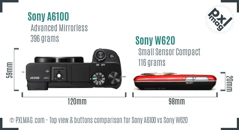 Sony A6100 vs Sony W620 top view buttons comparison