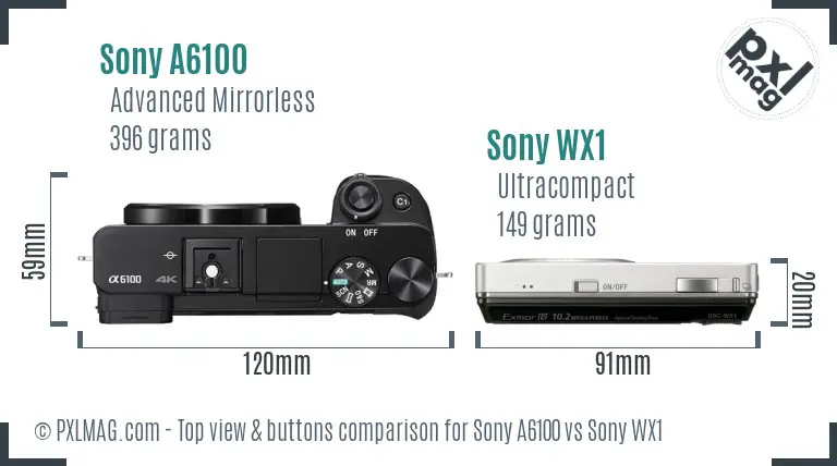 Sony A6100 vs Sony WX1 top view buttons comparison