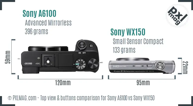 Sony A6100 vs Sony WX150 top view buttons comparison