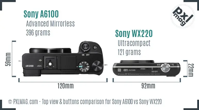 Sony A6100 vs Sony WX220 top view buttons comparison