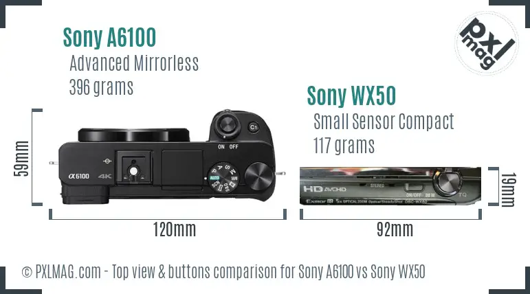 Sony A6100 vs Sony WX50 top view buttons comparison