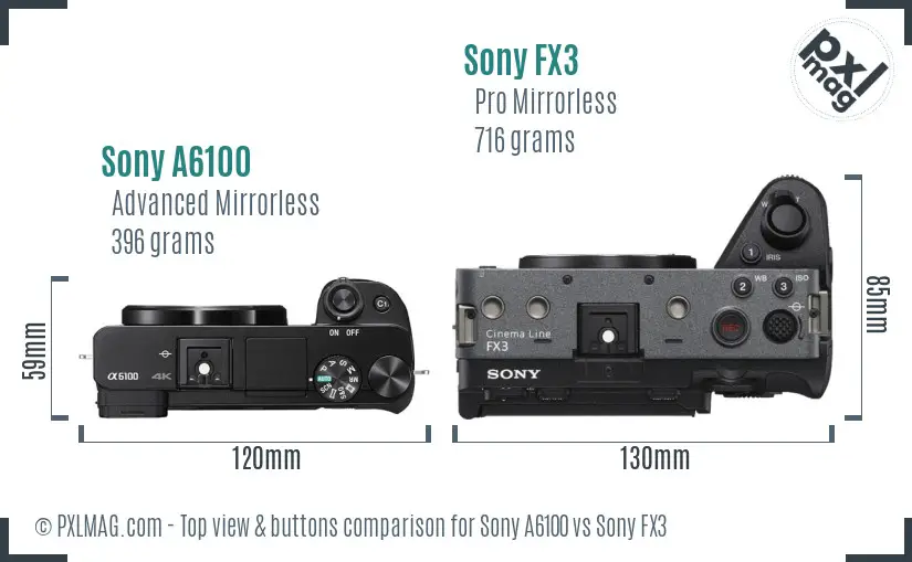 Sony A6100 vs Sony FX3 top view buttons comparison