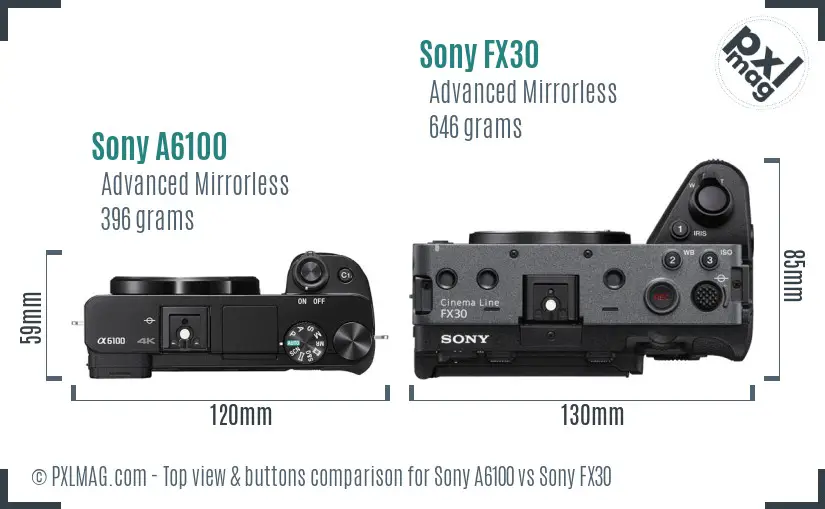 Sony A6100 vs Sony FX30 top view buttons comparison