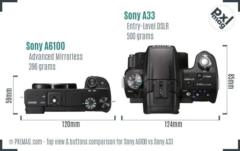 Sony A6100 vs Sony A33 top view buttons comparison