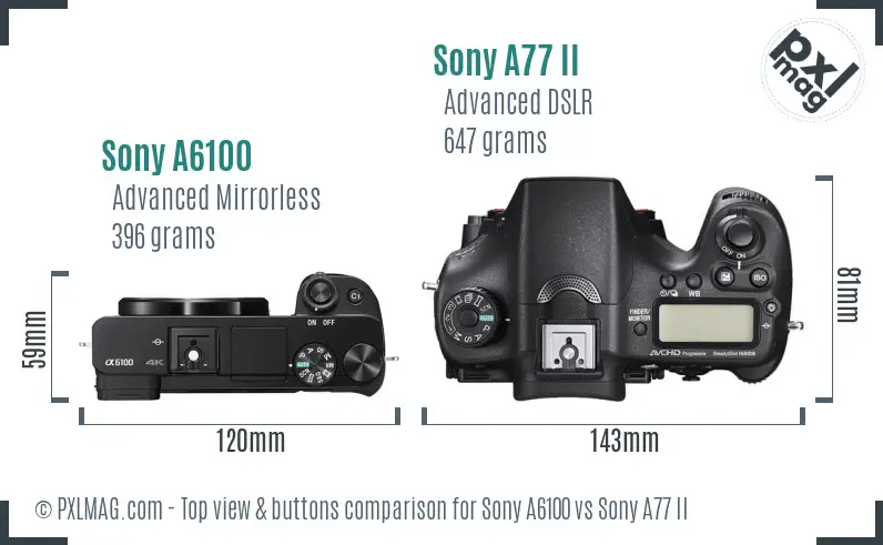 Sony A6100 vs Sony A77 II top view buttons comparison