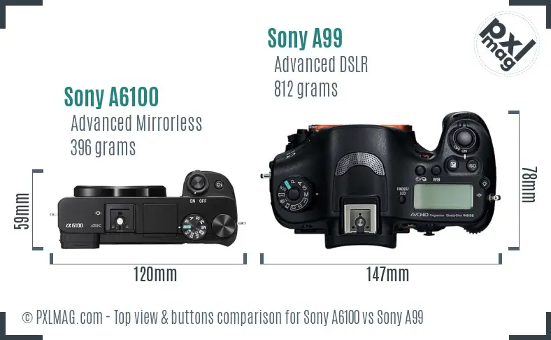 Sony A6100 vs Sony A99 top view buttons comparison