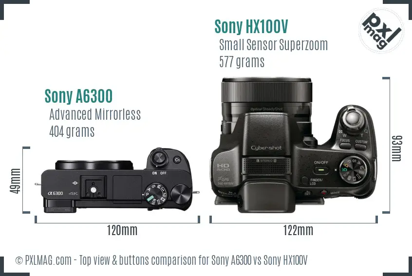 Sony A6300 vs Sony HX100V top view buttons comparison