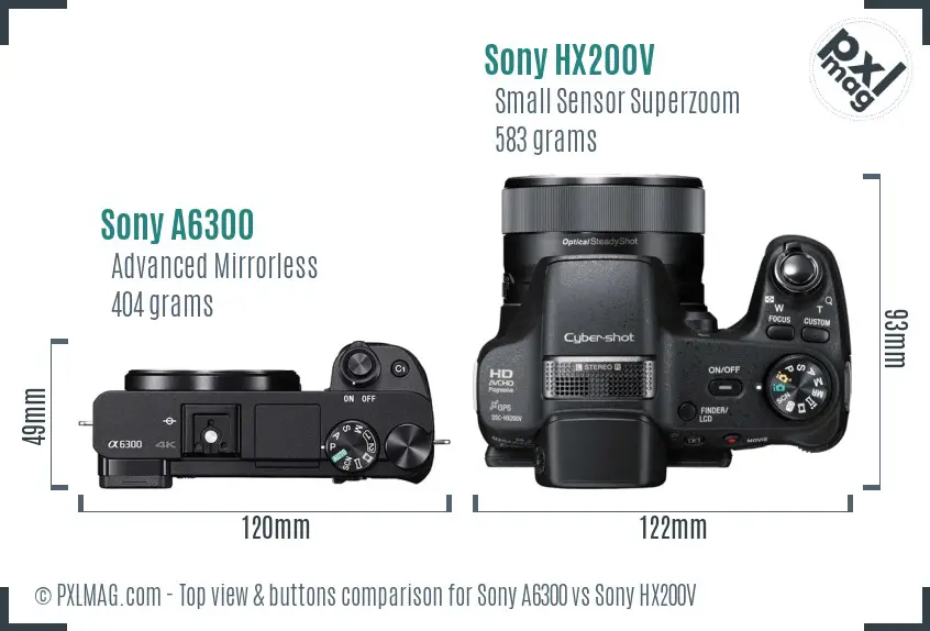 Sony A6300 vs Sony HX200V top view buttons comparison