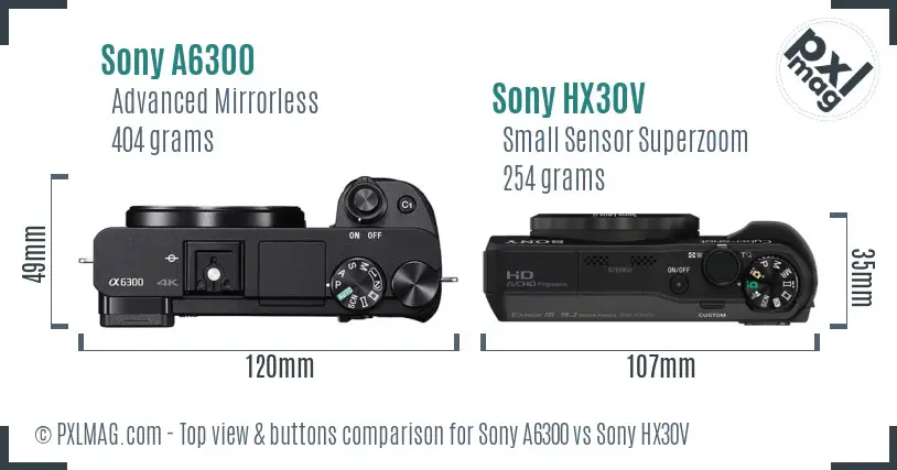 Sony A6300 vs Sony HX30V top view buttons comparison
