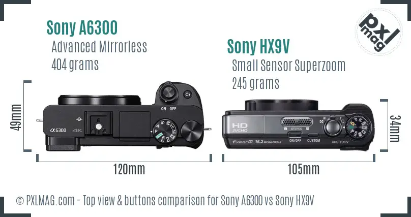 Sony A6300 vs Sony HX9V top view buttons comparison
