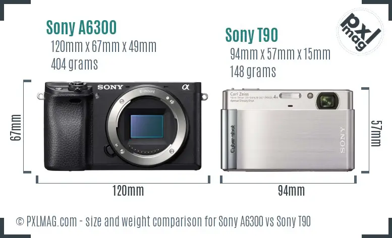 Sony A6300 vs Sony T90 size comparison