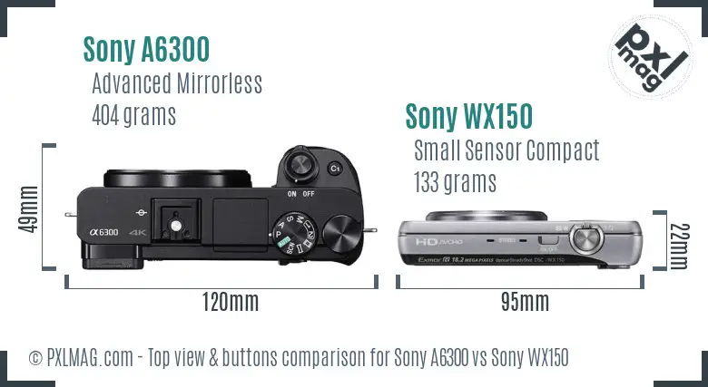 Sony A6300 vs Sony WX150 top view buttons comparison