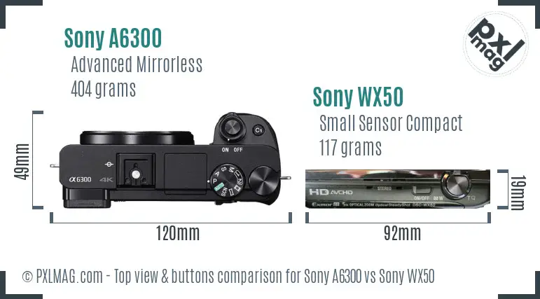 Sony A6300 vs Sony WX50 top view buttons comparison