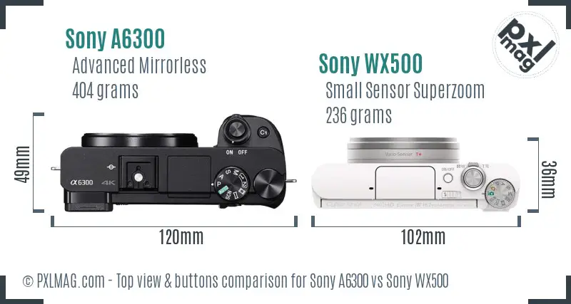 Sony A6300 vs Sony WX500 top view buttons comparison