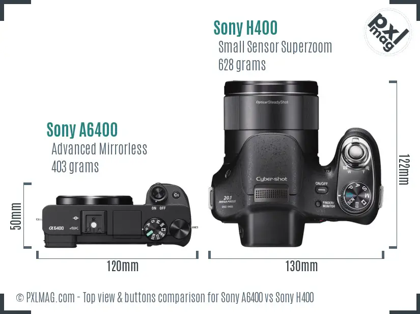 Sony A6400 vs Sony H400 top view buttons comparison