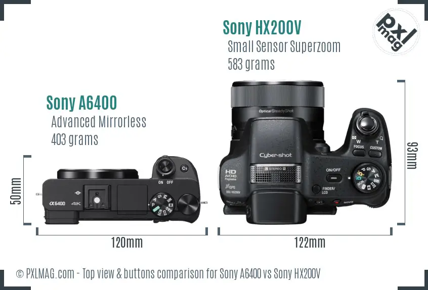 Sony A6400 vs Sony HX200V top view buttons comparison