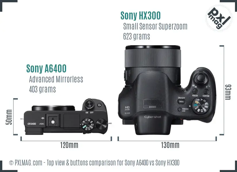 Sony A6400 vs Sony HX300 top view buttons comparison