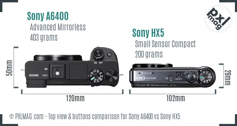 Sony A6400 vs Sony HX5 top view buttons comparison