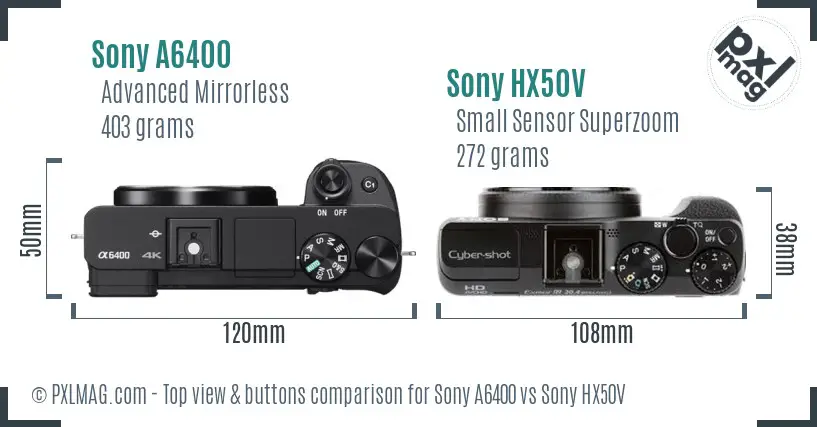 Sony A6400 vs Sony HX50V top view buttons comparison