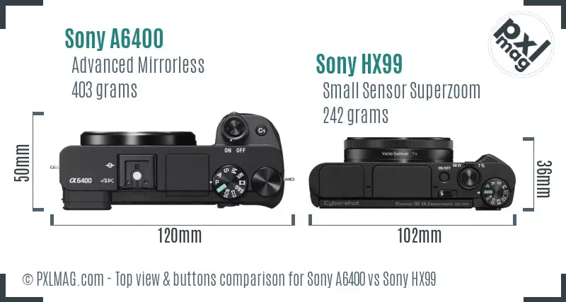 Sony A6400 vs Sony HX99 top view buttons comparison Sony A6400 vs Sony HX99 top view buttons comparison