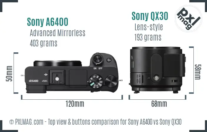 Sony A6400 vs Sony QX30 top view buttons comparison