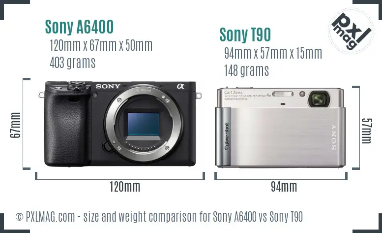Sony A6400 vs Sony T90 size comparison