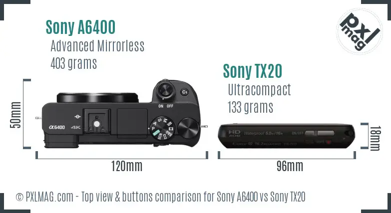 Sony A6400 vs Sony TX20 top view buttons comparison
