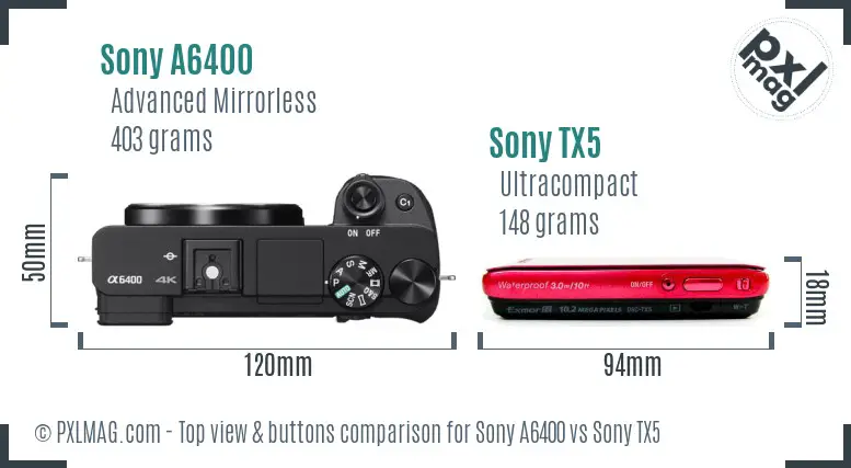 Sony A6400 vs Sony TX5 top view buttons comparison