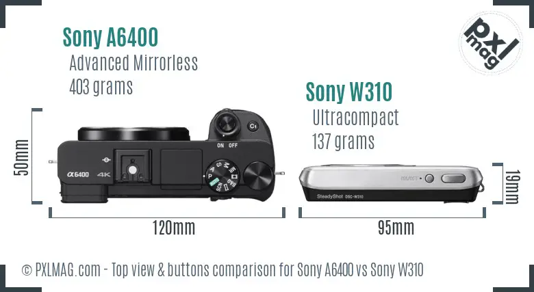 Sony A6400 vs Sony W310 top view buttons comparison