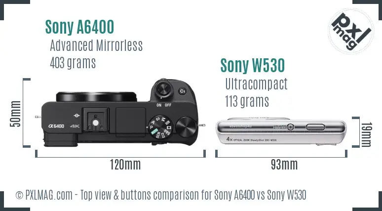 Sony A6400 vs Sony W530 top view buttons comparison