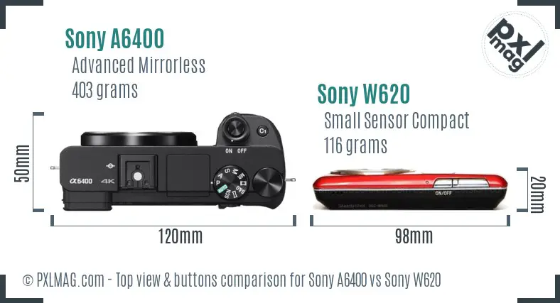 Sony A6400 vs Sony W620 top view buttons comparison