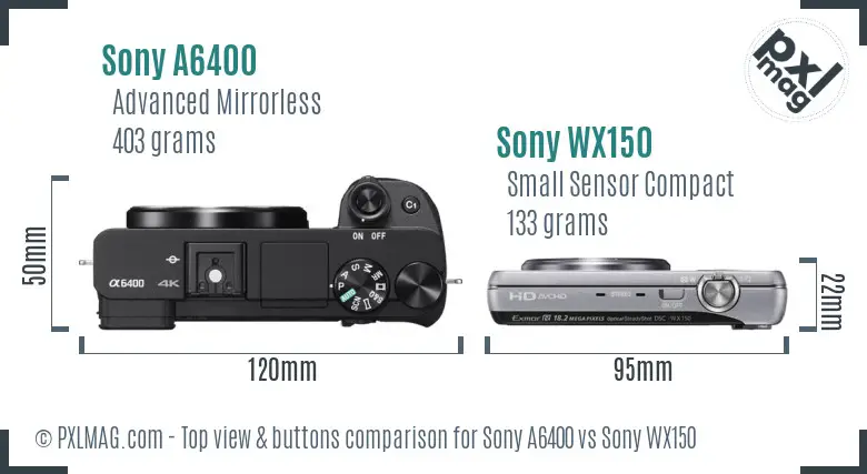 Sony A6400 vs Sony WX150 top view buttons comparison