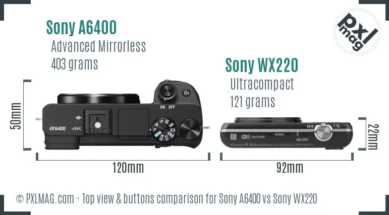 Sony A6400 vs Sony WX220 top view buttons comparison