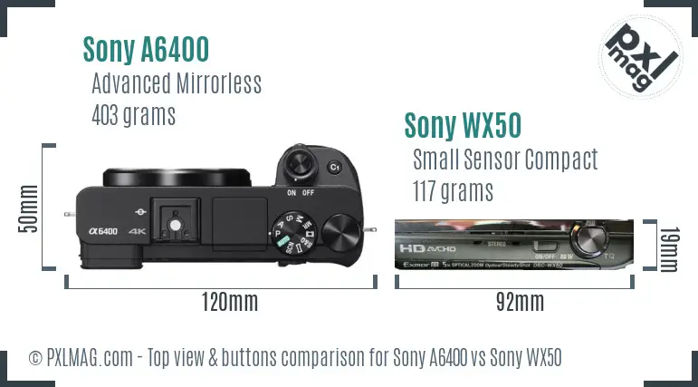 Sony A6400 vs Sony WX50 top view buttons comparison
