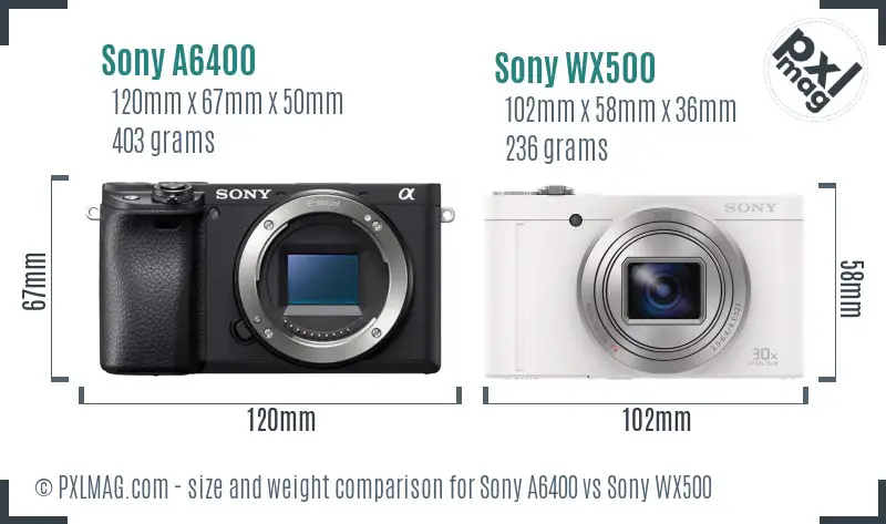 Sony A6400 vs Sony WX500 size comparison