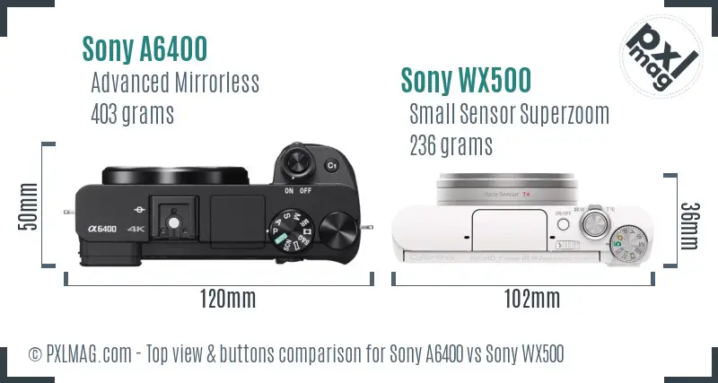Sony A6400 vs Sony WX500 top view buttons comparison