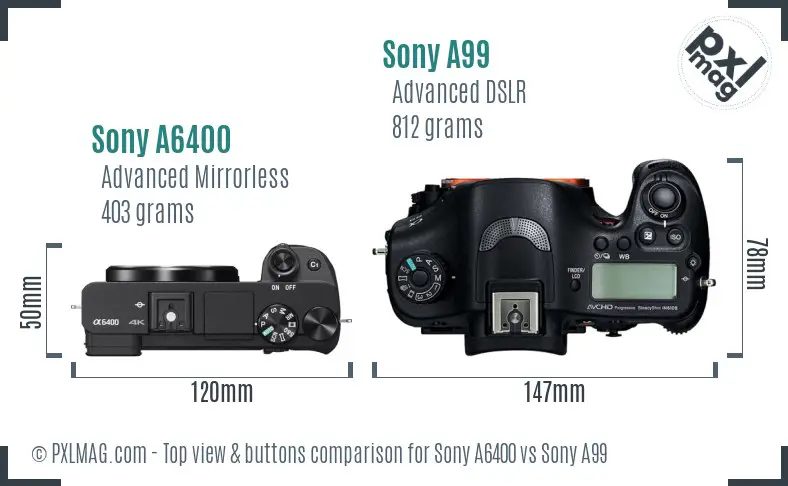 Sony A6400 vs Sony A99 top view buttons comparison