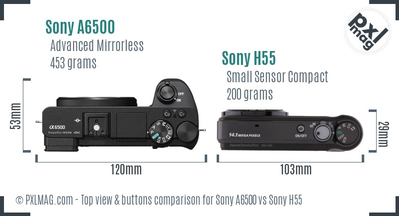 Sony A6500 vs Sony H55 top view buttons comparison