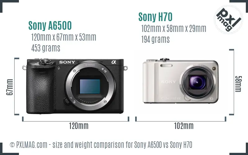 Sony A6500 vs Sony H70 size comparison