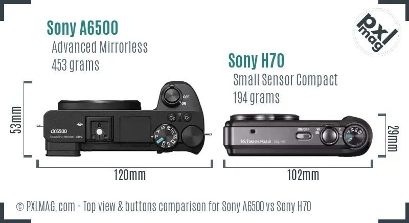 Sony A6500 vs Sony H70 top view buttons comparison