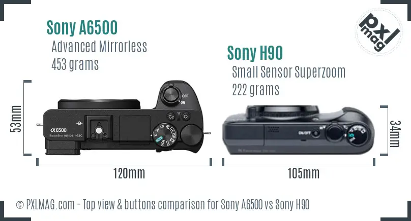 Sony A6500 vs Sony H90 top view buttons comparison