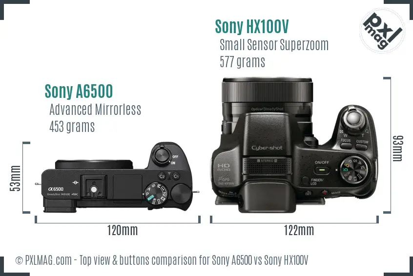 Sony A6500 vs Sony HX100V top view buttons comparison