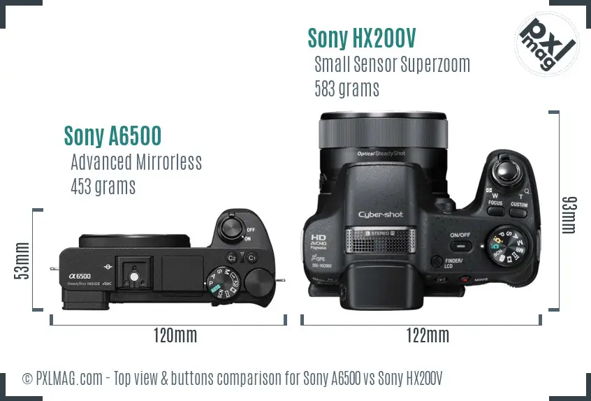 Sony A6500 vs Sony HX200V top view buttons comparison