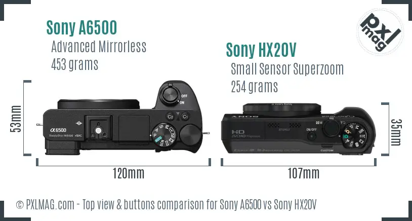 Sony A6500 vs Sony HX20V top view buttons comparison