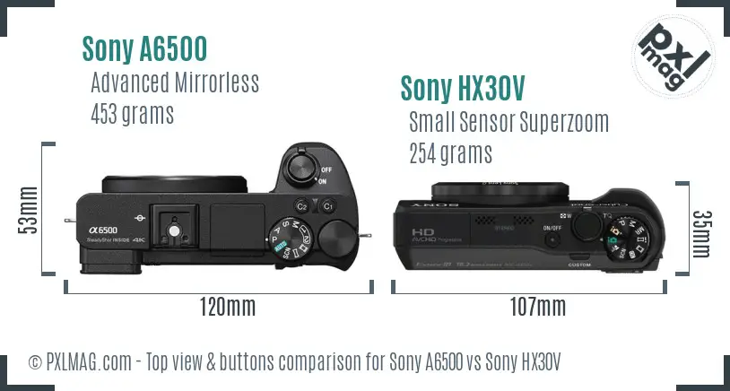 Sony A6500 vs Sony HX30V top view buttons comparison