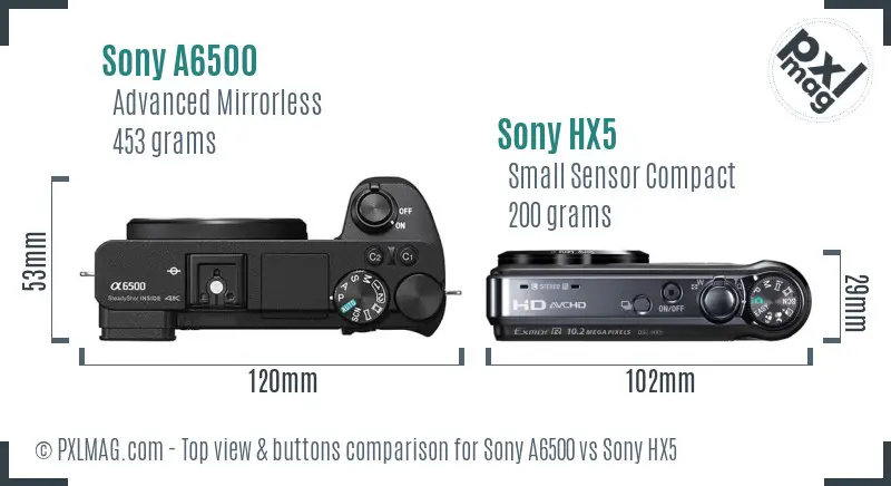 Sony A6500 vs Sony HX5 top view buttons comparison