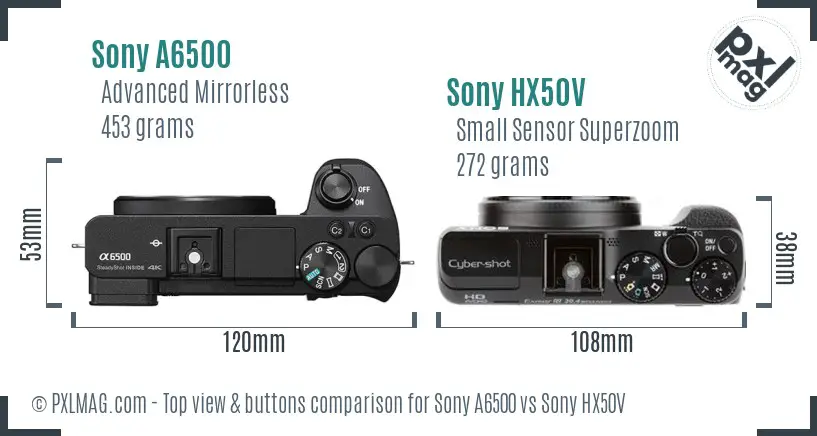 Sony A6500 vs Sony HX50V top view buttons comparison