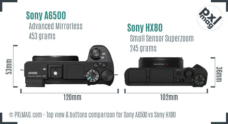 Sony A6500 vs Sony HX80 top view buttons comparison