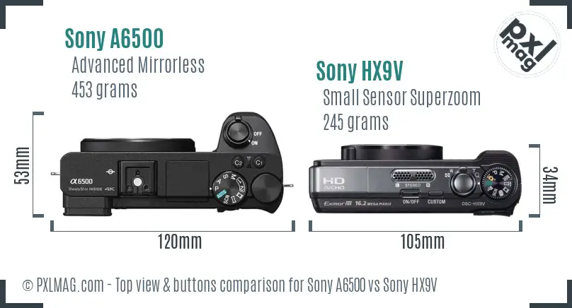 Sony A6500 vs Sony HX9V top view buttons comparison