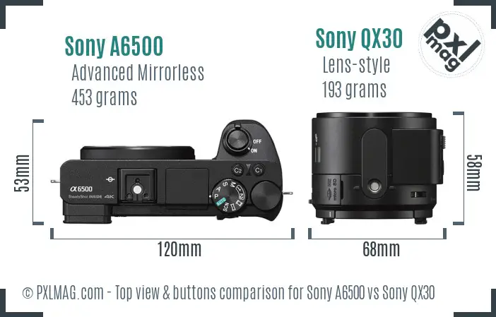 Sony A6500 vs Sony QX30 top view buttons comparison